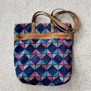 Women's Navy Geometric Tote with Tan Leather Trim & Straps